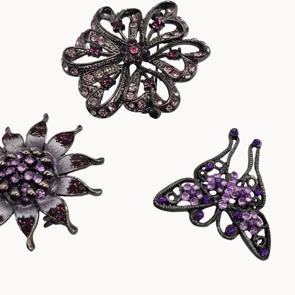 Rhinestone Floral Butterfly Brooch Pin Set 3pc Purple Pink Gunmetal‎ Whimsigoth
